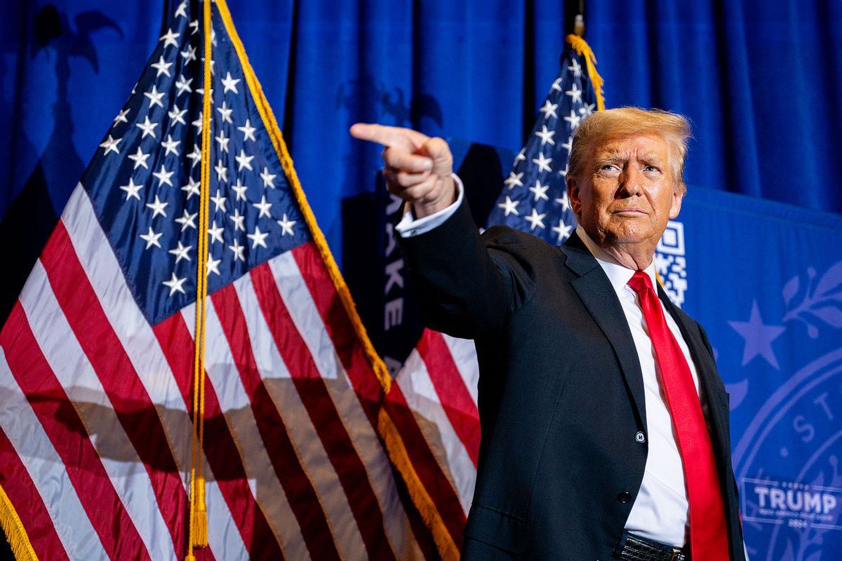 Republican presidential candidate, former U.S. President Donald Trump points to supporters at the conclusion of a campaign rally at the Atkinson Country Club on January 16, 2024 in Atkinson, New Hampshire.  (Brandon Bell/Getty Images)